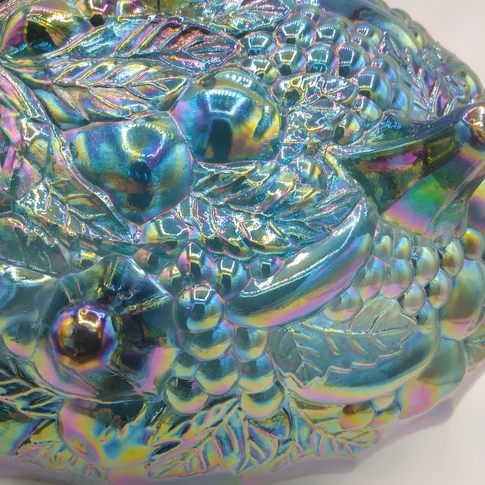 Indiana Glass Harvest Grapes Carnival Iridescent Blue Footed Large Oval Bowl - Picture 3 of 11